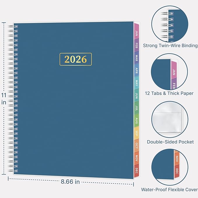 2026 Appointment Book, 30 Minutes-Hourly, Weekly ＆ Monthly Calendar Planner 2026, Jan 2026 - Dec 2026, 8.5'' x 11'', 2026 Daily Planner with Tabs ＆Pocket, Flexible Cover, Great for Office, Home, School