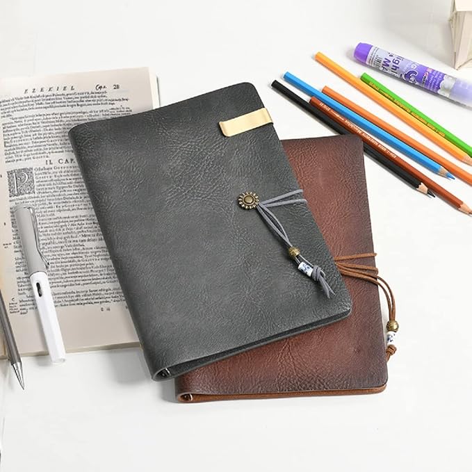 WONDERPOOL Leather Journal A6 Refillable 6 Ring Binder Notebook with Lined Paper and Pen,Writing Diary for Work Travel and Agenda Plan (A6, Grey)