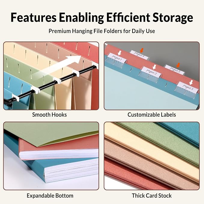 SUNEE Hanging File Folders, Retro Colors - 75 Pack, Colored File Folders Letter Size with 1/5-Cut Tabs, Ideal for Organizing Home and Office Documents