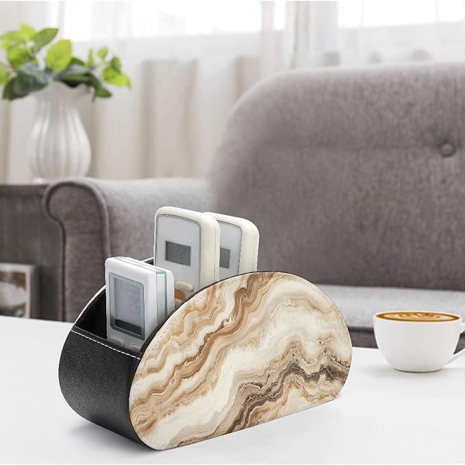 Beige Marble Texture Remote Control Holder with 5 Compartments Leather TV Remote Caddy Remote Storage Box Desktop Organizer for Pen/TV Remotes/Media Controllers/Office Supplies
