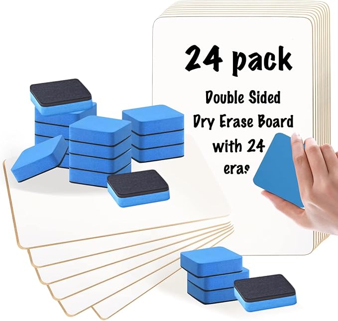 24 Pack Dry Erase Board, 9"x12" Double-Sided White Board with 24 Erasers for Students, Portable & Reusable Small White Lapboards Bulk for Classroom/Homeschool/Teacher