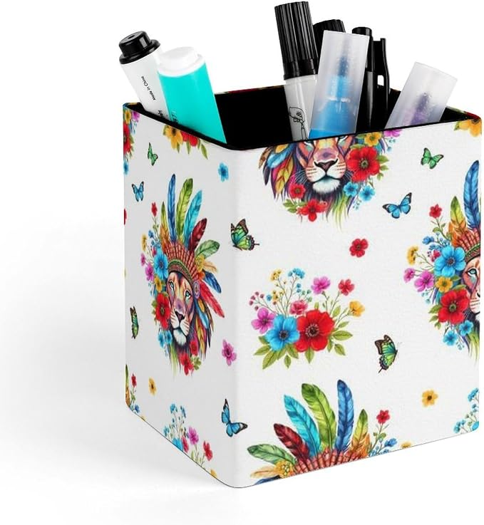 Holder Cup Makeup Brush Storage Organizer, Waterproof Multifunctional Office Supplies, Pen Holder Square Leather Pencil Colorful Lion Flowers Floral White Art
