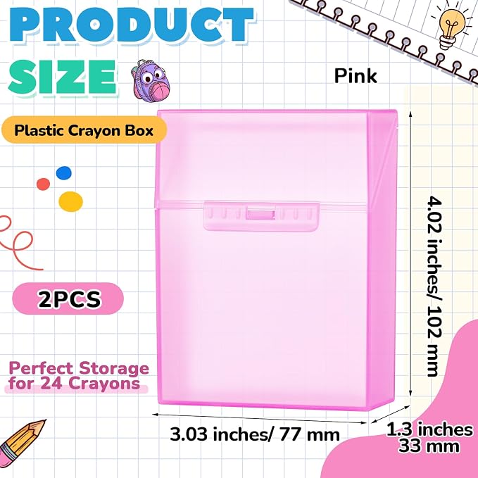 Clabby 2 Pcs Plastic Crayon Organizer Case for 24 Count Crayons Kids Art Supply Storage Box with Lid, Portable Holder for Classroom Home Travel, Fits Standard 24-Pack Crayon (Pink)