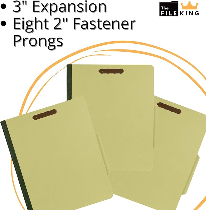 The File King Three Divider Pressboard Classification Pale Green File Folder - Letter Size | Box of 10 | 2/5 ROC Top Tab | 3” Expansion | Eight 2-Inch Fastener Prongs | Made in USA