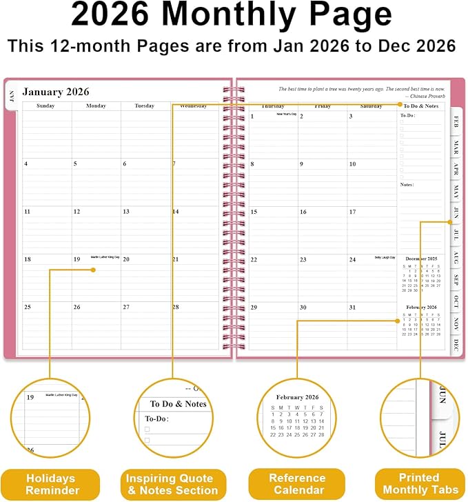 Planner 2026 - Weekly & Monthly Planner from January 2026 to December 2026, Agenda 2026 with Inner Pocket, Elastic Band, 8.5" x 11", Pink