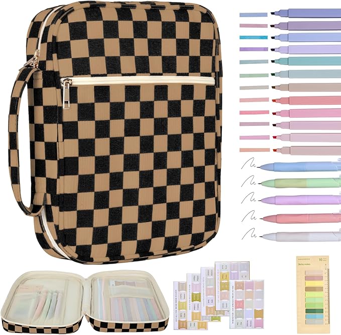 Bible Cover Case for Women Corduroy Bible Case for Girls Large Bible Cover with Handle Bible Study Supplies Accessories Christian Gifts for Women (Black Brown-Checkered, Medium)