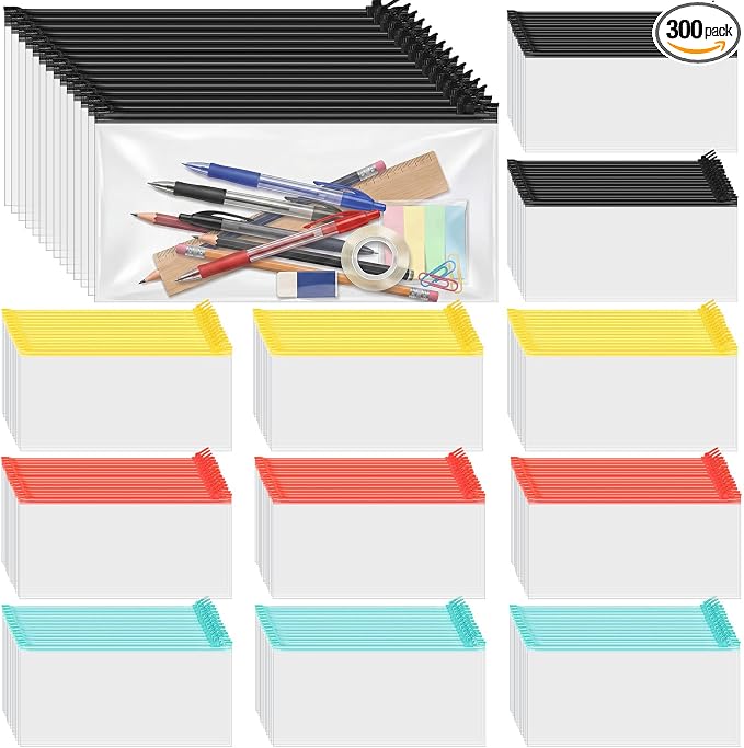 ReliThick 300 Pack Mesh Zipper Pouches Bulk, 9.5 * 4.3 In Small Pencil Case Plastic Envelopes for Cash Office School Supplies Storage, Money Organizing (Black, Red, Yellow, Green)