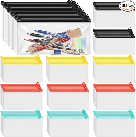 ReliThick 300 Pack Mesh Zipper Pouches Bulk, 9.5 * 4.3 In Small Pencil Case Plastic Envelopes for Cash Office School Supplies Storage, Money Organizing (Black, Red, Yellow, Green)