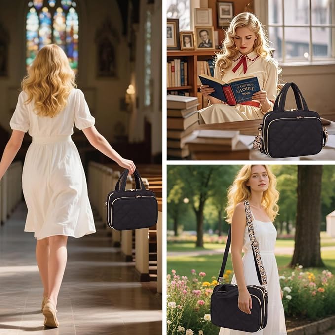Large Bible Cover for Women,2 Compartments Bible Carrying Case With Handles Shoulder Strap, Soft Puffy Quilted Bible Bags With Book Cover Organizer, Bible Tote For Church Study Supplies Accessories