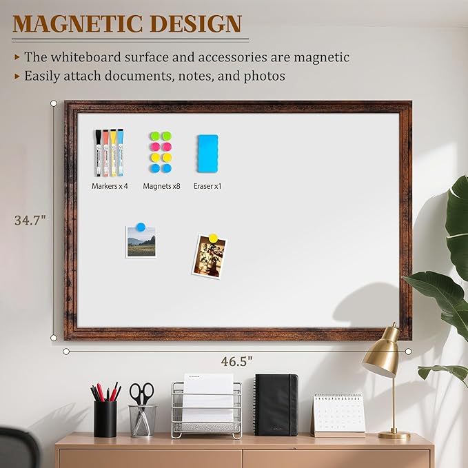 Large White Board for Wall, 46.5''x34.7'' Magnetic Dry Erase Board, 4'x3' Decorative Whiteboard with Brown Vintage Wooden Frame, Hanging Writing Board for Home Office School Dorm