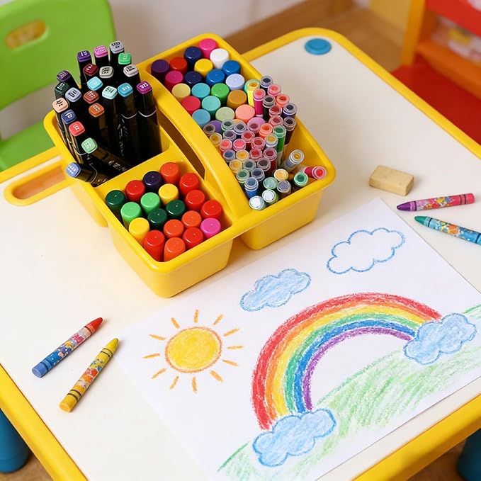 RAUVOLFIA Set of 6 Classroom Caddy, Small Plastic Storage Caddy with Handle for Classrooms, Kids Room and Office Organization, 3 Compartment (Rainbow)