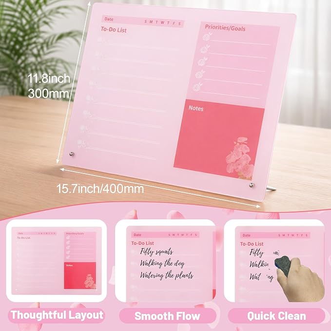 LeMotech Desktop Acrylic Dry Erase Board, 15.7x11.8 inches to-Do List Planner, Tabletop Whiteboard with Stand Office Supplies Includes 2 Markers & 1 Eraser, Pink Rose Pattern, 1 Pack