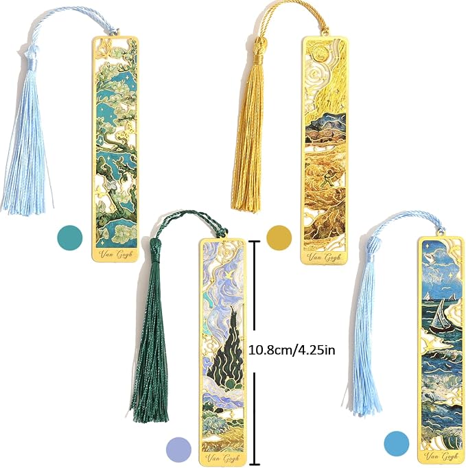 4 Pieces Metal Bookmarks with Tassel, Golden Hollow Bookmark Oil Painting Theme Book Mark Bookmarks for Book Lovers Writers Readers Children Teens for Women Adults Teen