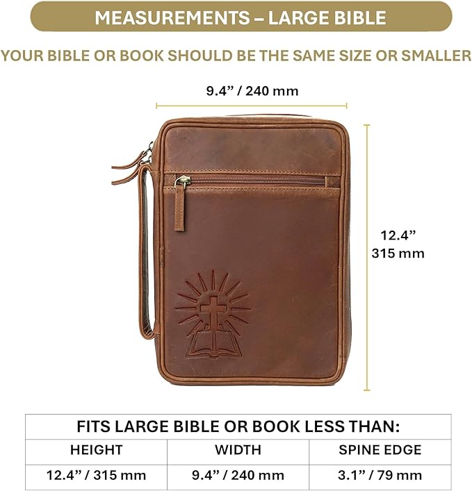 Sovereign-Gear Large Leather Bible Cover with Cross - Genuine Buffalo Leather for Men & Women, with Handle, Zipper, Pockets - Church Bag Plus Bookmark & AirTag Compatible Holder - Durable & Stylish