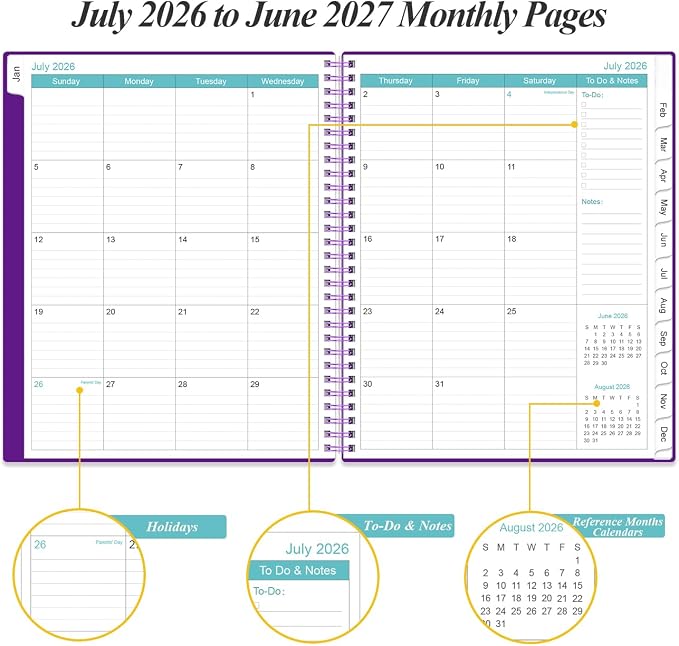 2026-2027 Planner - Planner 2026-2027 from July 2026 to June 2027 with 12 Monthly Tabs, Flexible Cover, Inner Pocket, 8.5" x 11", Purple-B