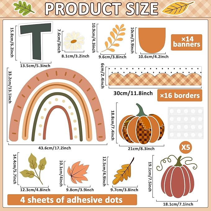 Thanksgiving Pumpkin Bulletin Board Decorations Fall Classroom Decors Leaves Pumpkin Rainbow Paper Thankful Cutouts for Class School Autumn Harvest Chalkboard Wall Decor Supplies