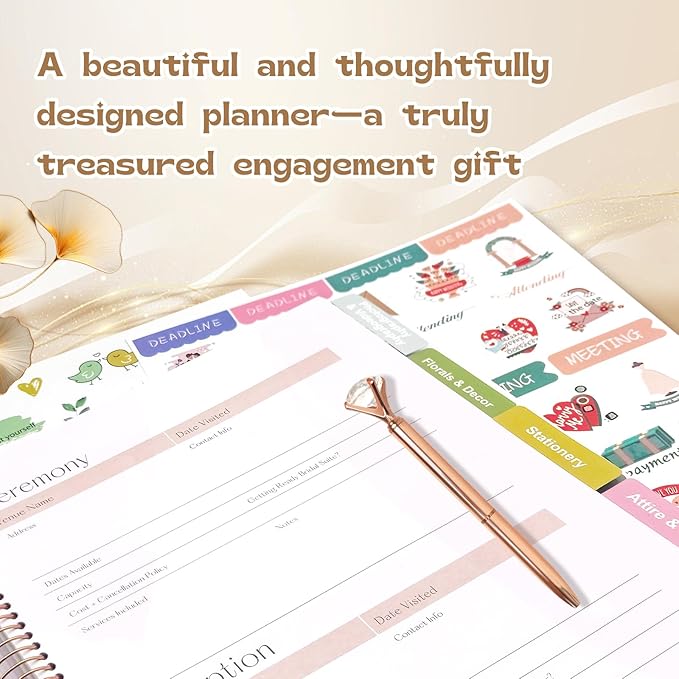 Wedding Planner Book and Organizer-176 Pages Wedding Planning Book,Bridal Planning Binder with Sticker Checklists,Gemstone pen & Budget Tracker,Wedding planner for Bride,Unique Engagement Gift