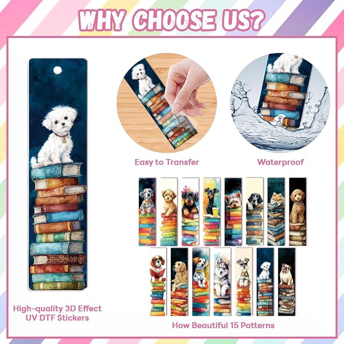 Peacoblue 30pcs UV DTF Bookmarks Transfer Stickers Wraps Dog and Stack of Books for Women Men Reading, Waterproof Bookmarkers Decal(No Blank Bookmarks) for Acrylic Plastic Metal Blank Bookmark