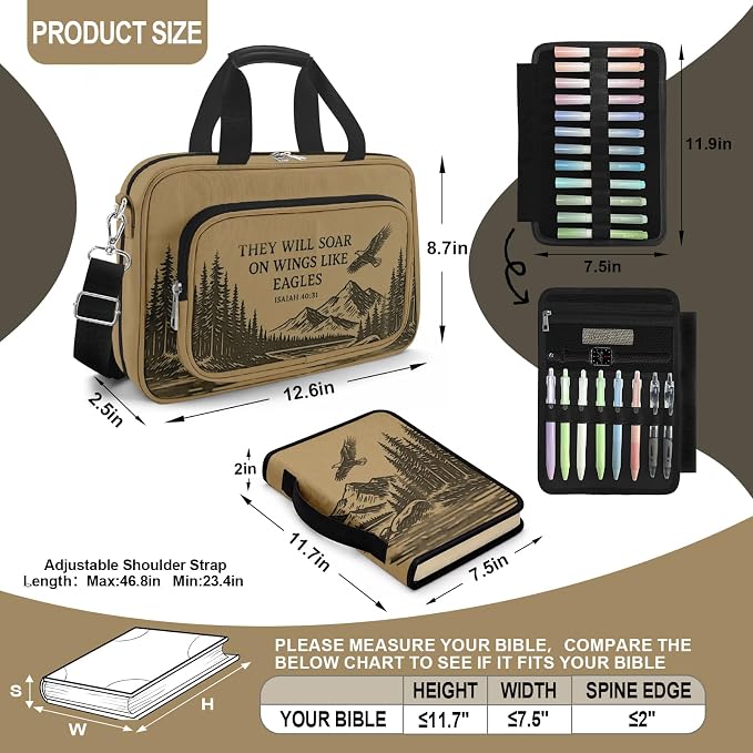 Eagle Bible Cover Case for Men Boys,Large Bible Bag Carrying Case with Strap & Handle Zipper Pocket, Bible Study Supplies Journaling Kit, Pens Highlighters Cross Clips Tabs Christian Gift