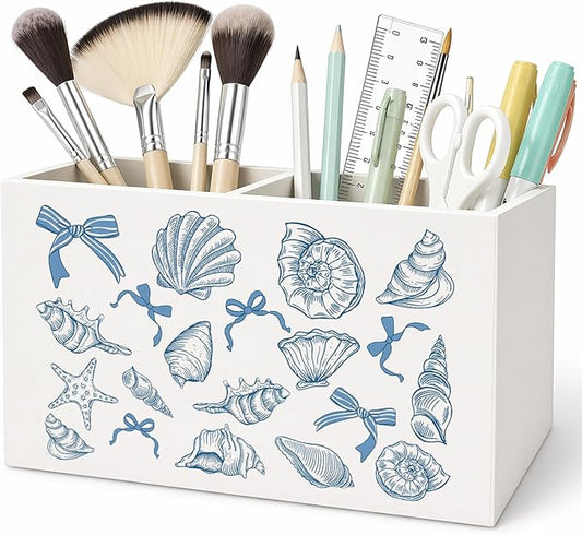Blue Coastal Beach Pen Pencil Holder for Desk, Bow Pencil Holders Wooden Box Organizer for Home Office Bedroom Desk Tabletop