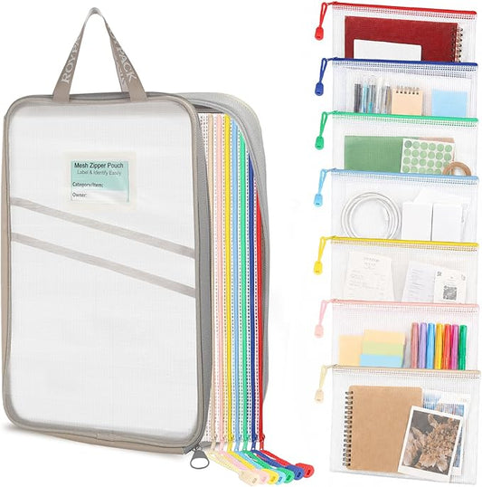 7 Pack PVC Mesh Zipper Pouch Set with 1 Organizer Bag A4/Letter Size Translucent File Bags Water-Resistant Plastic Document Pouches for Office College School & Travel Supplies (8pcs)
