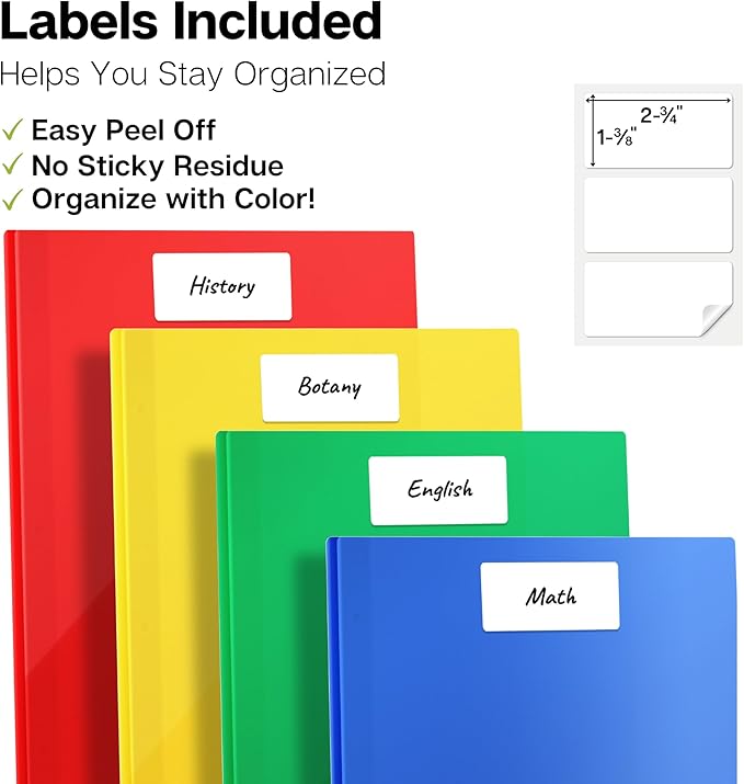 Dunwell Plastic 2 Pocket Folders with 3 Prongs, (12 Pack, Assorted Colors), Tear-Resistant, Long Lasting Acid-Free Poly 3-Clasp Folders with Fasteners, Labels Included