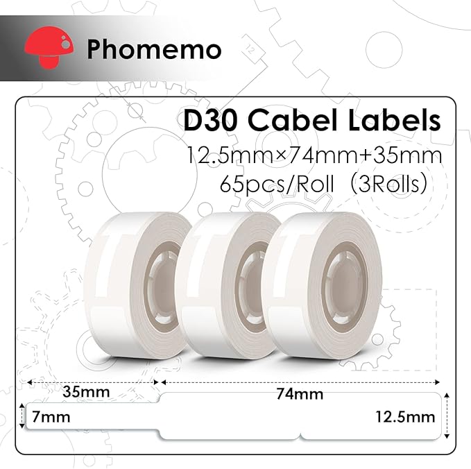 Phomemo D30 Thermal Cable Label Waterproof Wire Cord Labels, (12.5mm X 74mm) 65 Labels/Roll, Tags Stickers Tear Resistant Flexible, Phomemo d30 Label Tape -Black on White Paper, 3 Roll
