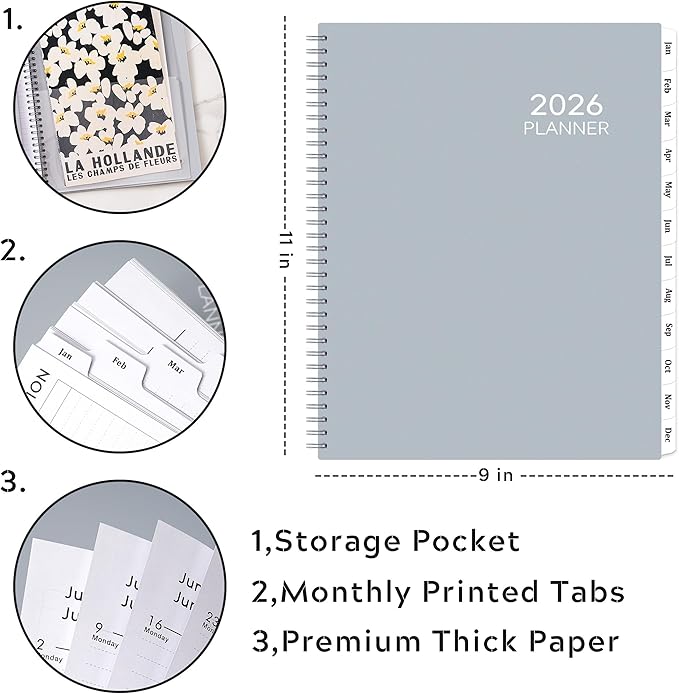 2026 Planner - January 2026 - December 2026, 9" x 11" Weekly Monthly Planner 2026, Tabs, Spiral Bound, Back Pocket, Gray