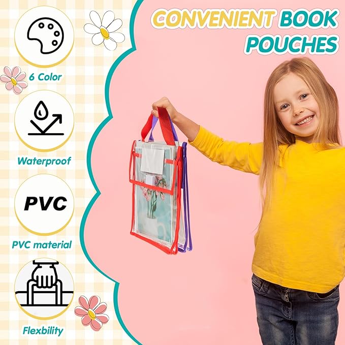 Teling 48 Pack Thick Clear Book Pouches with Blank Name Tags and Handles Book Baggies Bags Bins Organizer for School Classroom Library Pockets Students (10 x 12 Inch,Bright Color)