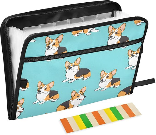 Expanding File Folder Corgis Dog Blue Accordion File Organizer 13 Pockets Document Organizer with Zipper Labels A4 Letter Office Storage