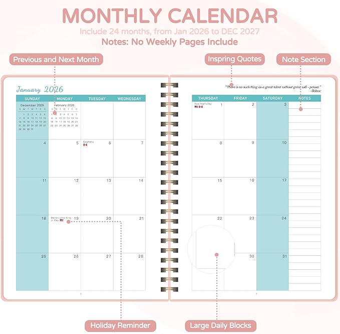Monthly Planner 2026-2027, 2 Year Calendar 2026-2027 (Jan 2026 - Dec 2027), 7" x 10", 26-27 Monthly Calendar Planner, 24-Month Planning Book for Home School Office Supplies