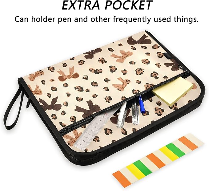 Expanding File Folder Leopard Print Cheetah Bow Pattern Accordion File Organizer 13 Pockets Document Organizer with Zipper Labels A4 Letter Office Storage