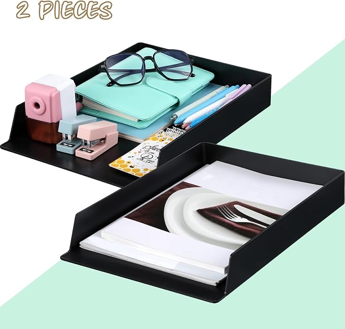 Wenqik 2 Pcs Stackable Paper Trays Rectangular Plastic Desk Holder Desktop Document File Organizer Storage Letter for Office Classroom (Black)