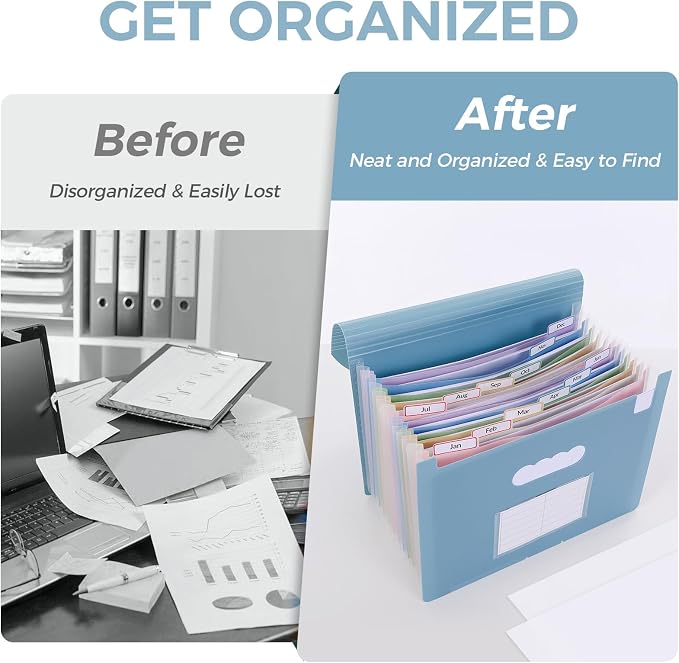 SKYDUE Expanding File Folder with 13 Pockets, Accordion Document Organizer with Monthly Labels, A4 & Letter Size for Tax Records, Medical Files, Receipts, Home of Haze Blue