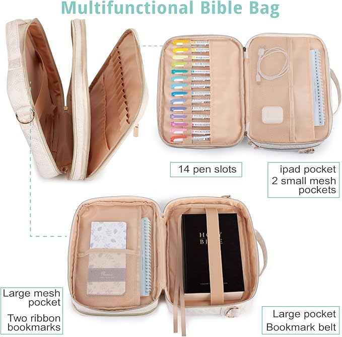 2 Compartment Bible Cover for Women,Large Bible Case with Handles Shoulder Strap,Carrying Bible Bag Scripture Case Church Bag Bible Protective with Pocket