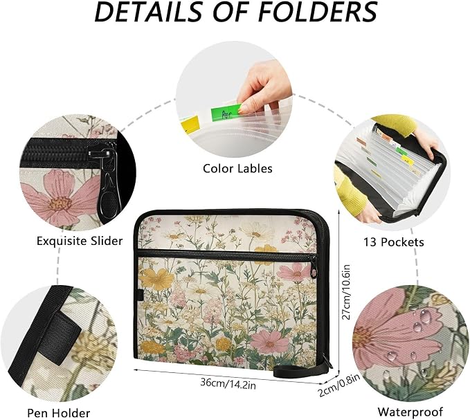 Pink Beige Flowers Accordion File Organizer Expanding Document Folder with 13 Pockets Portable File Folder for A4 Letter Size