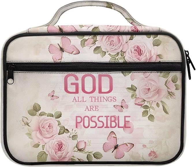 Pink Roses Butterfly Bible Covers for Women Men Zippered Bible Carrier Book Bag, with GOD All Things are Possible Print Church Bag Bible Protective with Handles Christian Gifts