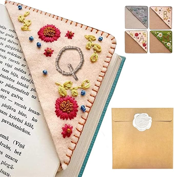 Personalized Hand Embroidered Corner Bookmark, 26 Letters Hand Stitched Felt Corner Letter Bookmark, Cute Flower Embroidery Bookmarks for Book Reading Lovers Meaningful Gift (Fall，Q