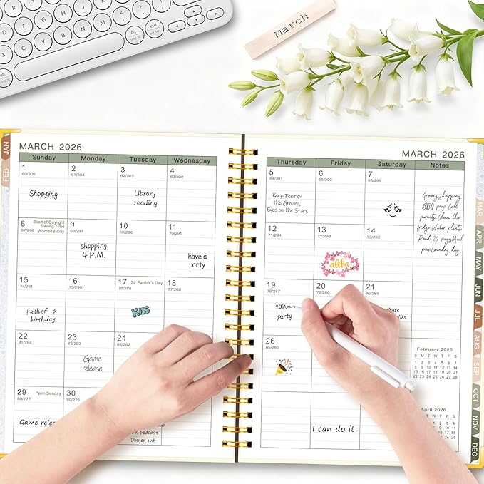 GuassLee 2026 Planner, Weekly and Monthly Planner from January 2026-December 2026, 8.4"x 6.1" Aesthetic Daily Agenda Book with Back Pocket, Stickers, Coated Tabs for School Office Supplies, A5 Size