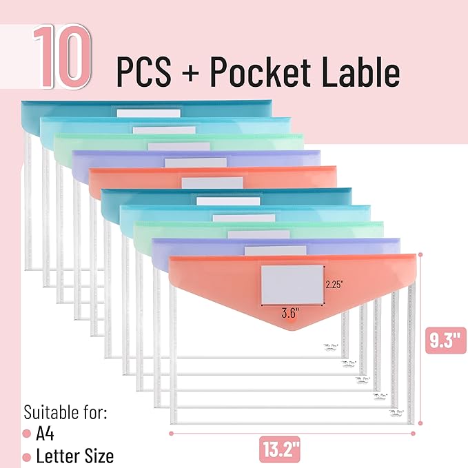 Mr. Pen- Clear Plastic Envelopes File Folders, 10 Pack, A4, Letter Size, Colorful Flaps, Clear Folders for Documents Plastic Poly Envelopes with Label for School, Home, Work, Office, Organizer