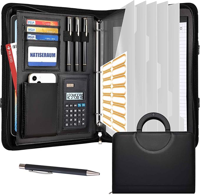 Portfolio Binder 3 Ring Includes Pen and 5 Dividers with 10 Pockets, Padfolio Organizer with Magnetic Handle for Men and Women, Includes A4 Notepad for Business, School, Work