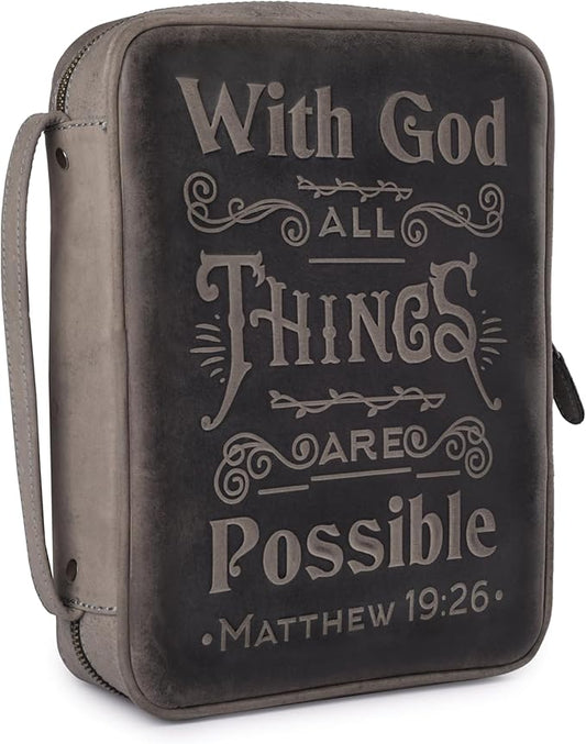 LEATHER VILLAGE Handmade Vintage Genuine Leather Embossed Bible Cover for Men & Women, Large Protective Bible Case & Organizer for Church, Travel & Study Christian Religious Antique Bookmark - Black