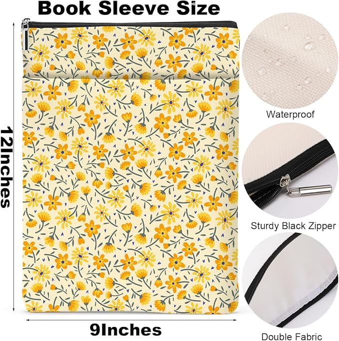 Yellow Wildflowers Pattern Book Lovers Gifts Waterproof Book Sleeve Books Pouch Books Protector with Zipper and Front Pocket BookCover Case for Women Best Friend Sister Birthday Christmas