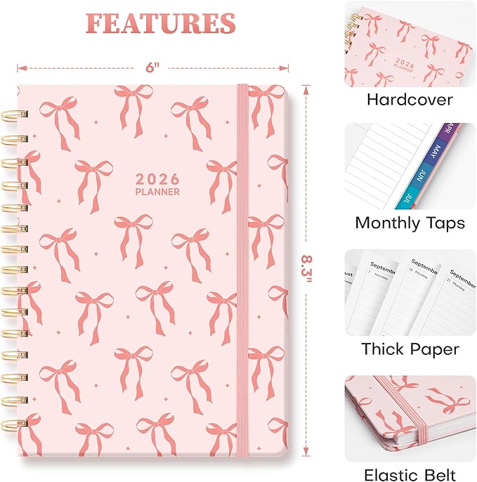 2026 Planner Weekly and Monthly, Jan.2026 - Dec.2026, Hardcover Calendar 2026 Agenda Daily Planner Book Spiral Notebook with Monthly Tabs, 6.1" x 8.3", Pink Bow
