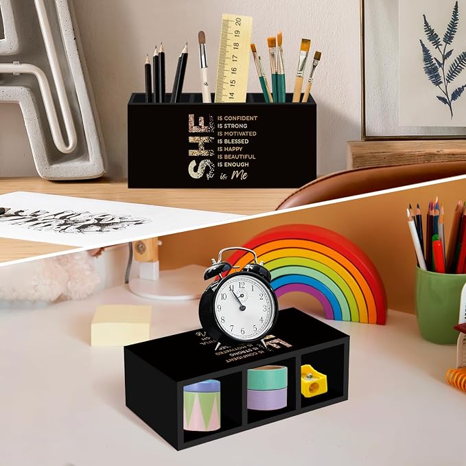 Black Gold Affirmations Pen Pencil Holder for Desk, Inspirational Self Care Office Desk Accessories, Self Love Positive Holders Organizer for Women Girls, She Is Me