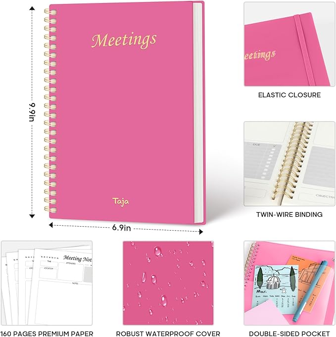 Taja Meeting Notebook for Work Organization - Work Planner Notebook with Action Items, Agenda Planner for Note Taking, 160 Pages (6.9" X 9.9") Project Organizer for Men & Women - Berry Pink