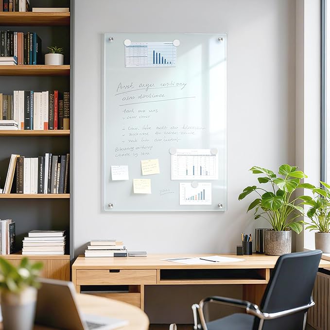 Glass Magnetic Dry Erase Board, 36" x 24" Tempered Glass Whiteboard Wall Mounted White Board for Home, Office, School, 1 Acrylic Pen Tray
