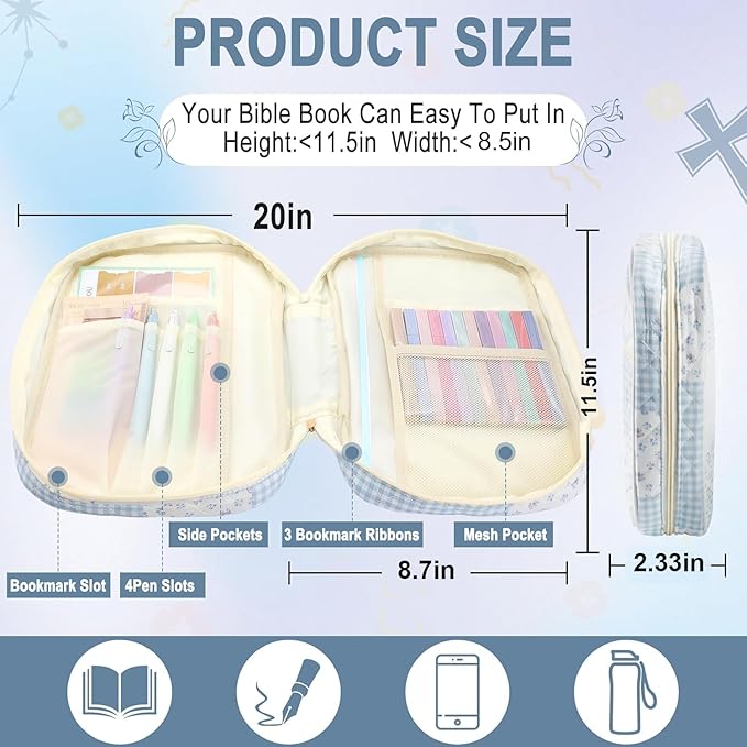 Zkptops Bible Cover Case for Women Large Bible Bag Cotton Quilted Bible Carrying Case with Zipper Pocket and Handle Carrying Book Cover for Christian Study Supplies Christian Gift(Blue Checkered)