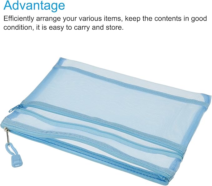 MECCANIXITY Mesh Zipper Bags, A5 Nylon Double Layer Zip File Pouch Storage Organizer Pockets for Travel Office Accessories, Blue Pack of 6