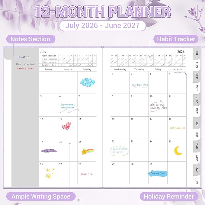2026-2027 Planner, Weekly and Monthly Calendar Planner from July 2026 - June 2027, 6" x 8.5" Linen Hardcover Agenda Book with Tabs, Pen Holder, Inner Pocket for Office School, Purple